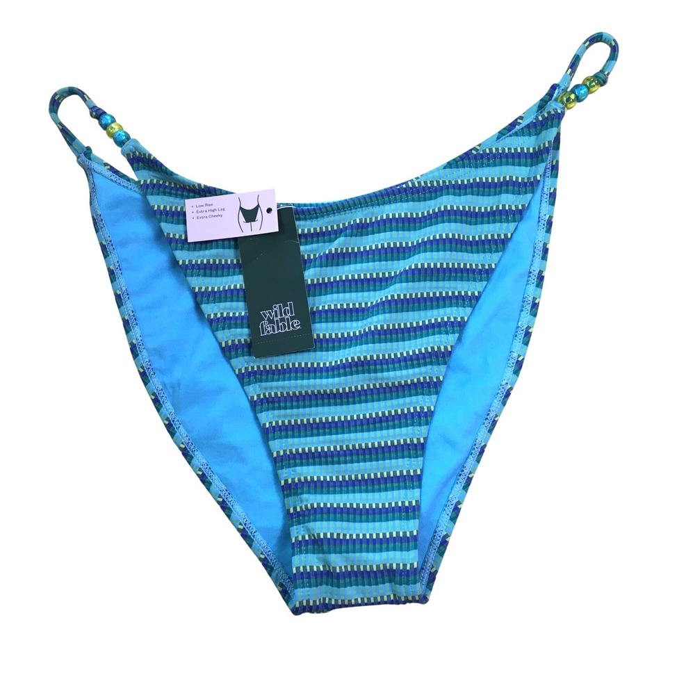 Wild Fable Extra High Leg Cheeky Bikini Bottom XL Blue Multi Striped Beaded NWT‎